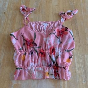 Leith pink sparkle floral ruffle crop tank top